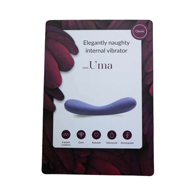 Packaging of Je Joue Uma G-spot vibrator in purple with features icons for quiet, body-safe, waterproof, rechargeable, and multiple speeds.