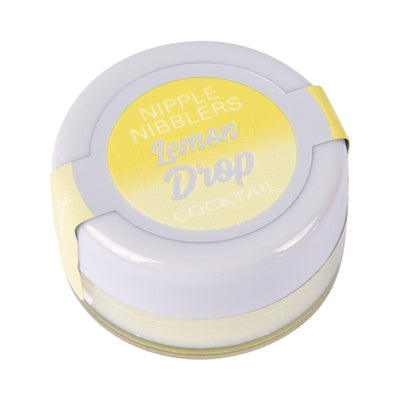 Small round jar of Jelique Lemon Drop flavored Nipple Nibblers pleasure balm with white and yellow label