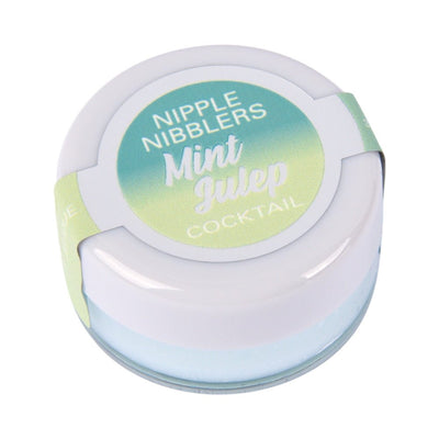 Small round jar of Jelique Mint Julep flavored nipple nibblers balm with a white lid and green label.