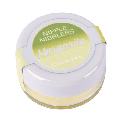 Small round jar of Jelique Margarita flavored Nipple Nibblers cocktail balm with white lid and yellow label.