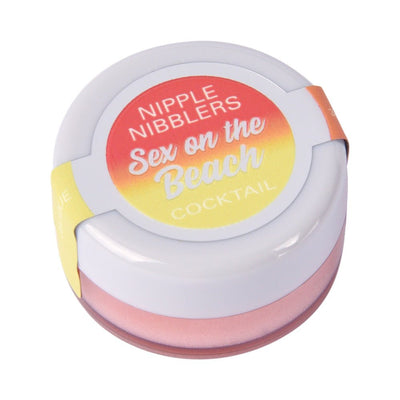 Small round container of Jelique Cocktail Nipple Nibblers balm in Sex on the Beach flavor with white lid and colorful label.