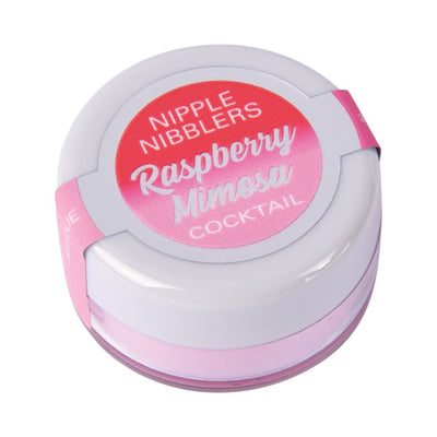 Small white jar of Jelique Raspberry Mimosa flavored Nipple Nibblers pleasure balm with pink label and seal.