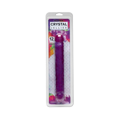 Purple Crystal Jellies Jr Double Dong 12-inch flexible toy in clear retail packaging with colorful geometric background.