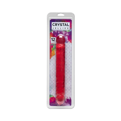 Red Crystal Jellies Jr Double Dong 12-inch flexible toy in clear packaging with colorful geometric background.