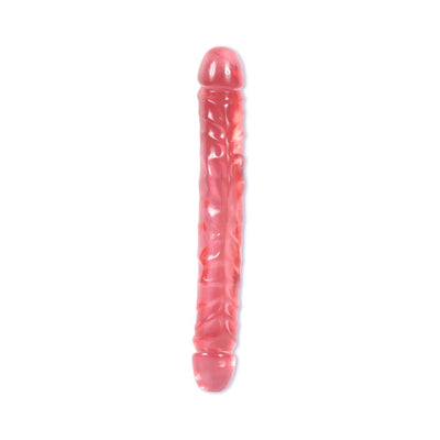 Pink translucent double-ended flexible toy with veined texture on a white background