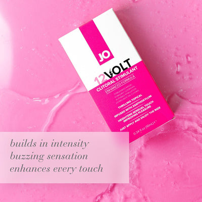JO 12 Volt clitoral stimulant box on pink textured background with text highlighting intensity and sensation benefits.