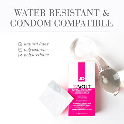 JO 12 Volt clitoral stimulant box with clear glass applicator and condom on white background, highlighting water resistance and condom compatibility.