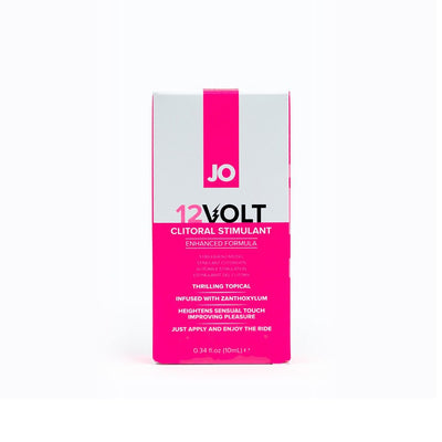 Box of JO 12 Volt clitoral stimulant with enhanced formula in pink and white packaging, 0.34 fl oz size.