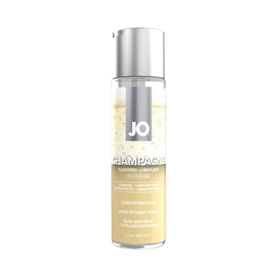 Bottle of JO Champagne flavored water-based lubricant with silver pump top and clear packaging showing golden liquid inside