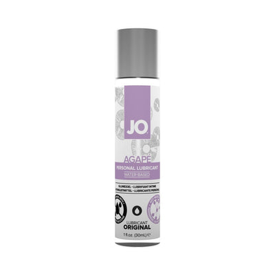 JO Agape Original water-based personal lubricant in a 1 oz bottle with purple and white label design.