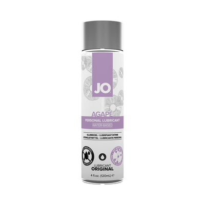 Bottle of JO Agape Original water-based personal lubricant with purple and white label, 4 fl oz size.