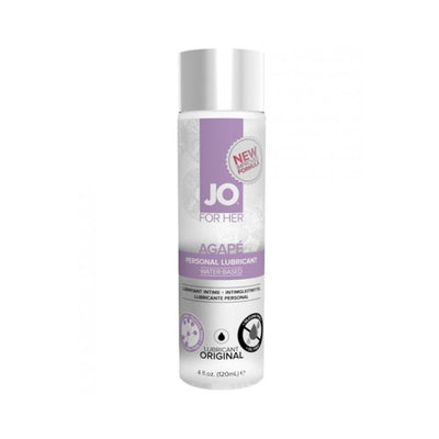 Bottle of JO Agape Original water-based personal lubricant for women with purple and white label, 4 fl oz size.
