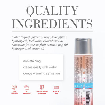 Back view of Jo Anal H2O Warming Lubricant bottle with ingredient list and product benefits text on white background.