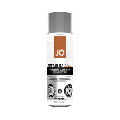 Bottle of JO Premium Anal Silicone-Based Personal Lubricant, 2 oz, with a silver cap and clear label.