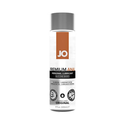 Bottle of Jo Anal Premium Silicone Personal Lubricant, 4 oz, with white and orange label and silver cap.