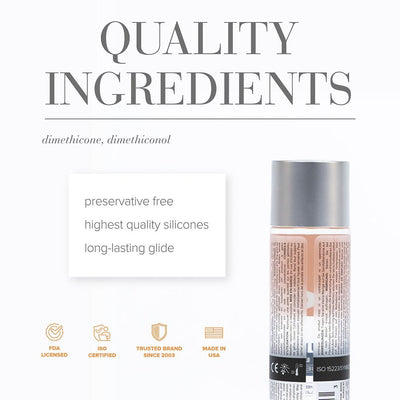 Back view of Jo Anal Premium Silicone Lubricant 4 oz. bottle with ingredient and quality certification details.