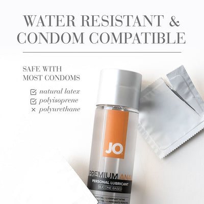 Bottle of JO Premium Anal Silicone-Based Personal Lubricant with condom packets on a white background and compatibility text.