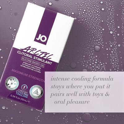 Jo Arctic Clitoral Cooling Gel packaging on a purple surface with water droplets and product benefits text overlay.