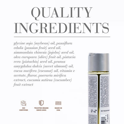 Back of Jo Aromatix Massage Oil bottle with detailed ingredient list and quality certification icons.