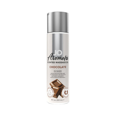Bottle of JO Aromatix Chocolate scented oil-based massage oil with silver cap and chocolate graphic on label.