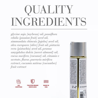 Bottle of JO Aromatix Massage Oil with a list of natural ingredients and quality certification icons on a white background.