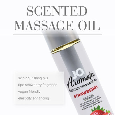 Bottle of JO Aromatix Strawberry scented massage oil highlighting skin-nourishing, vegan-friendly, and elasticity-enhancing benefits.