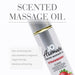 Bottle of JO Aromatix Strawberry scented massage oil highlighting skin-nourishing, vegan-friendly, and elasticity-enhancing benefits.