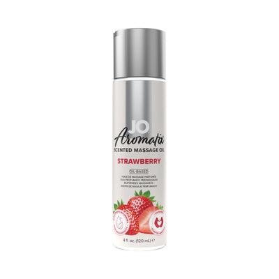 Bottle of JO Aromatix Strawberry scented massage oil with silver cap and strawberry graphics on label.