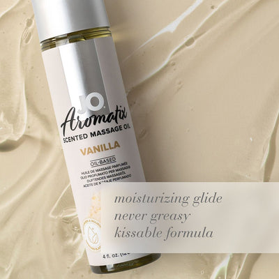 Bottle of JO Aromatix Vanilla scented massage oil on a smooth beige oil background with moisturizing glide text.