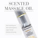 Bottle of JO Aromatix Vanilla scented massage oil highlighting skin-nourishing, vegan-friendly, and elasticity-enhancing benefits.