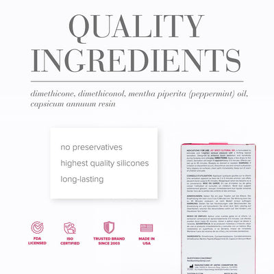 Back of Jo Clitoral Warming Stimulation Gel Spicy packaging highlighting quality ingredients and certifications.