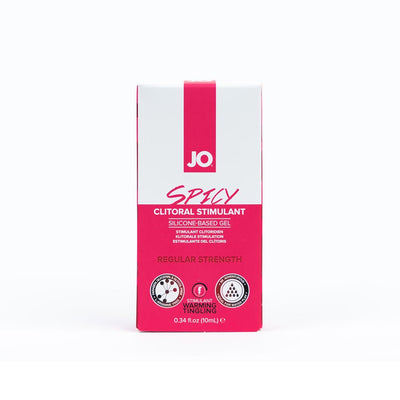 Jo Clitoral Warming Stimulation Gel Spicy in pink and white packaging, 10ml silicone-based stimulant gel box.