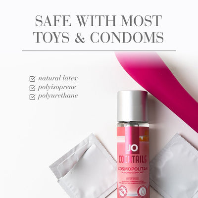 Jo Cocktails Cosmopolitan flavored lubricant bottle with condoms and a pink adult toy, safe with most toys and condoms text.