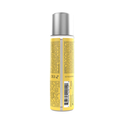 Back view of Jo Cocktails 2 oz. flavored lubricant bottle with yellow label and silver cap