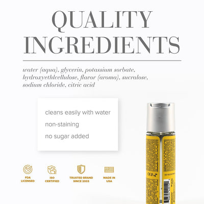 Back view of Jo Cocktails 2 Oz. lubricant bottle with ingredient list and product quality icons on white background.