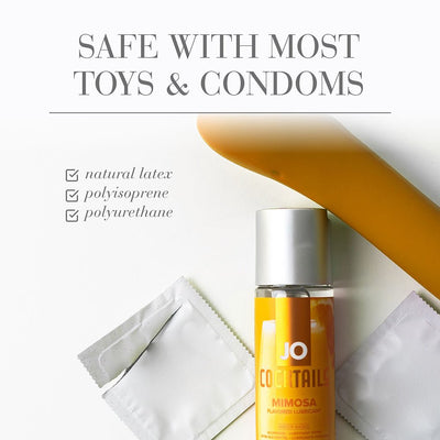 Jo Cocktails Mimosa flavored lubricant bottle with condoms and a silicone toy, safe with most toys and condoms text.
