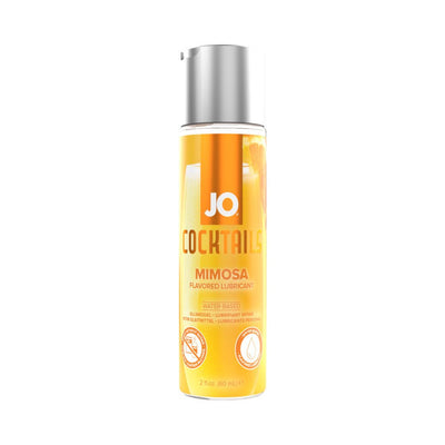 Bottle of Jo Cocktails Mimosa flavored water-based lubricant with orange and yellow label and silver cap.