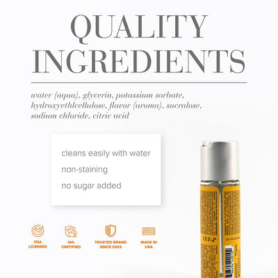 Ingredients list and product benefits for Jo Cocktails lubricant with FDA and ISO certifications, made in the USA.