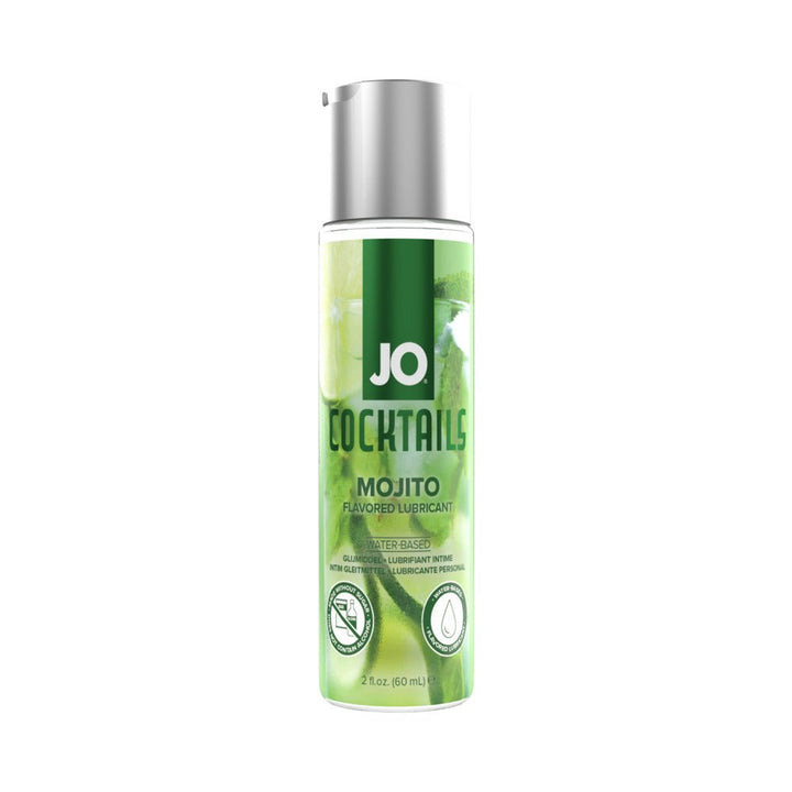 Jo Cocktails Mojito flavored water-based lubricant in a 2 oz clear bottle with silver cap and green label design.