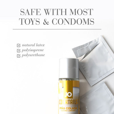 Jo Cocktails Piña Colada flavored lubricant bottle with condoms and text about compatibility with most toys and condoms.