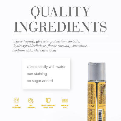 Jo Cocktails lubricant ingredients list highlighting water-based, non-staining formula with FDA and ISO certifications.