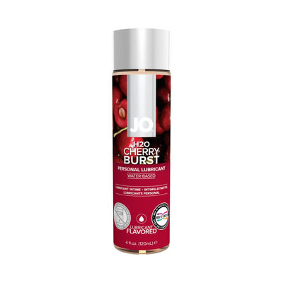 Bottle of JO H2O Cherry Burst flavored water-based personal lubricant 4 oz with cherry design on label.