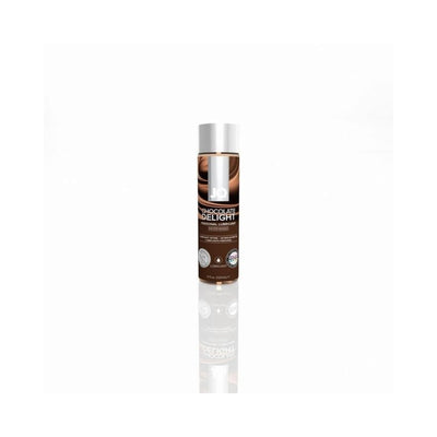 Bottle of Jo Flavors Chocolate Delight water-based personal lubricant with white cap on reflective surface.