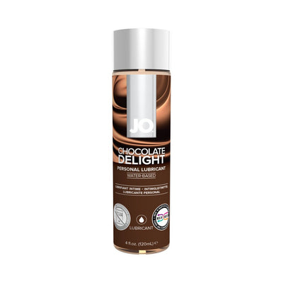 Bottle of JO Chocolate Delight water-based personal lubricant 4 oz with brown and white label design.
