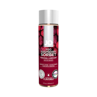 Bottle of JO H2O Raspberry Sorbet flavored water-based personal lubricant 4 oz with raspberry design label.