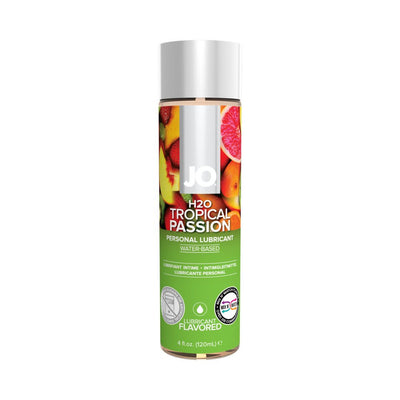 Bottle of JO H2O Tropical Passion flavored water-based personal lubricant 4 oz with fruit design label.