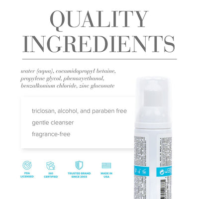 Back view of JO Foaming Toy Cleaner 1.7oz bottle with ingredient list and product certifications displayed.