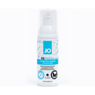 JO Foaming Toy Cleaner 1.7oz travel size bottle with blue and white label, fragrance-free formula, gentle and safe for toys.