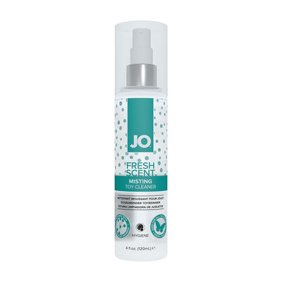 Bottle of JO Fresh Scent Misting Toy Cleaner with teal and white label and clear spray cap, 4 fluid ounces.
