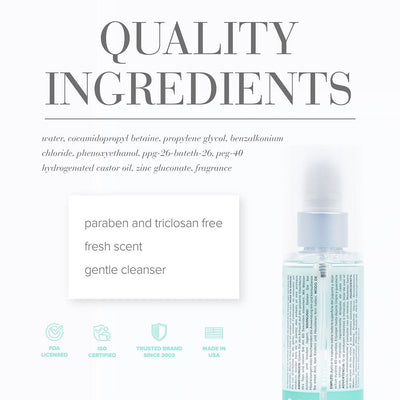 Clear spray bottle of JO Fresh Scent Misting Toy Cleaner with ingredient list and product benefits on white background.